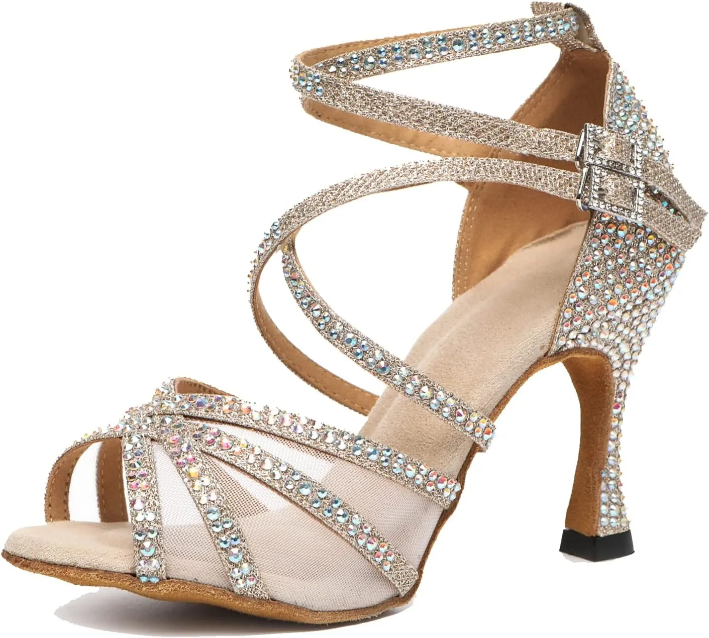 Womens Professional Dancing Shoes with Rhinestones Mesh Elegant Wedding Formal Sandals