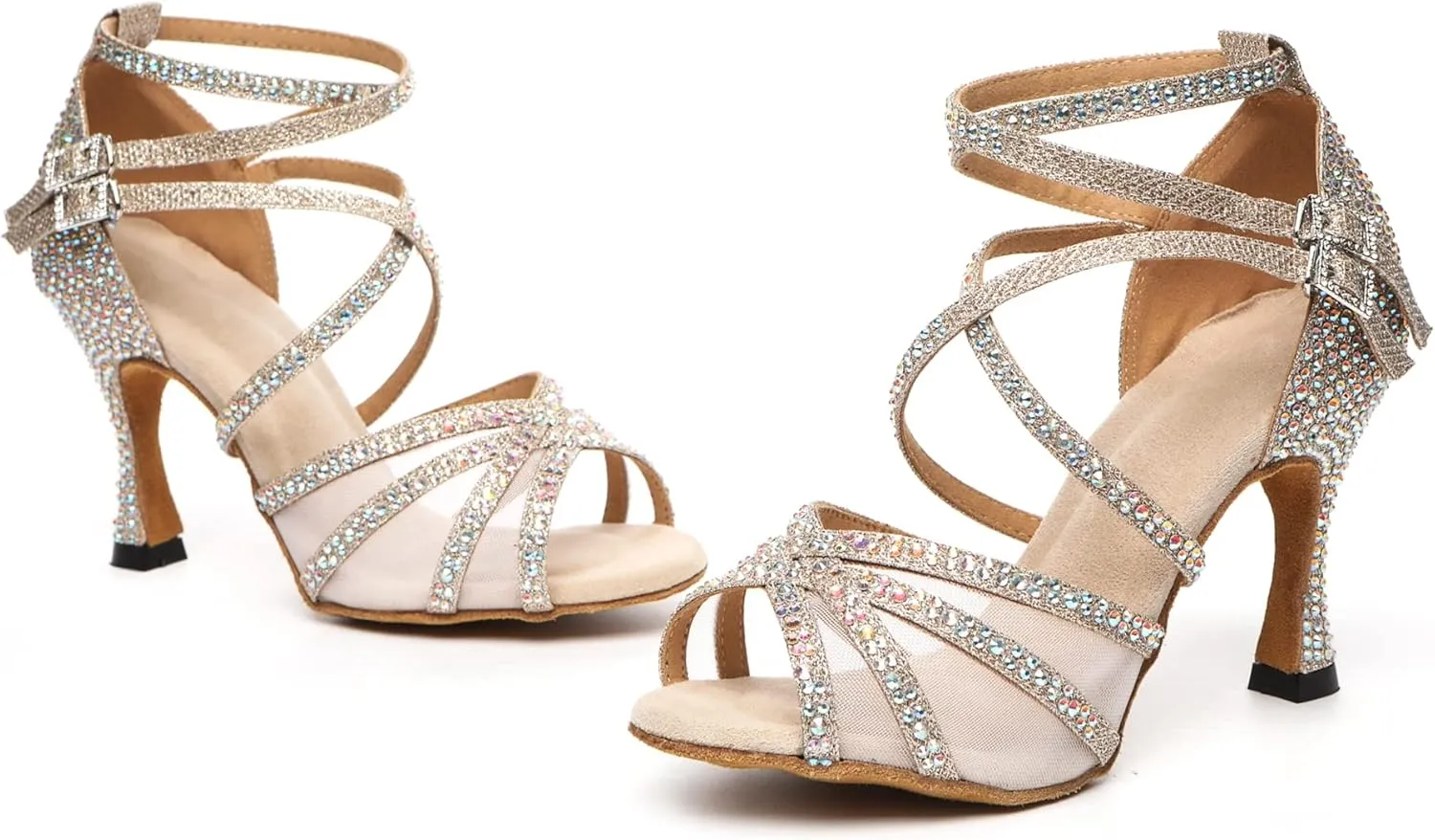 Womens Professional Dancing Shoes with Rhinestones Mesh Elegant Wedding Formal Sandals