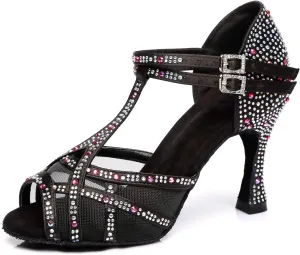 Womens Professional Dancing Shoes with Rhinestones Mesh Elegant Wedding Formal Sandals