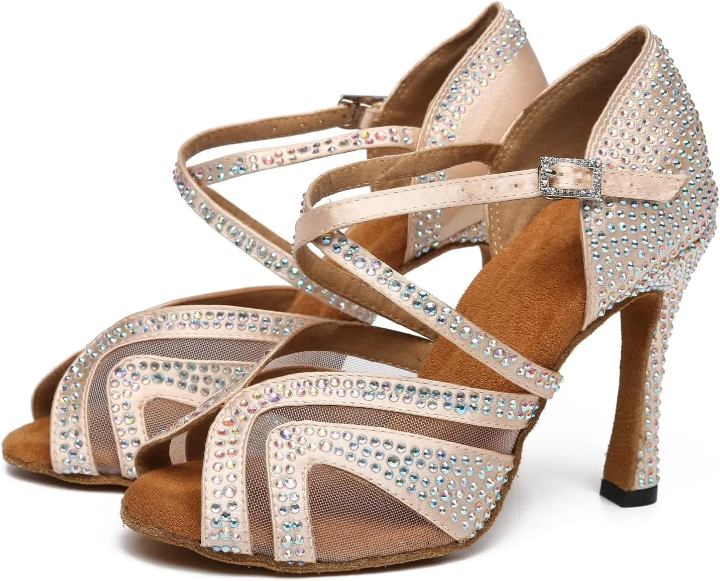 Womens Professional Dancing Shoes with Rhinestones Mesh Elegant Wedding Formal Sandals