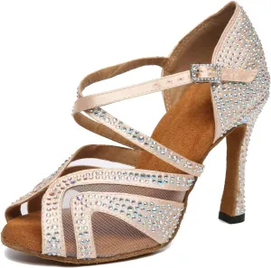 Womens Professional Dancing Shoes with Rhinestones Mesh Elegant Wedding Formal Sandals