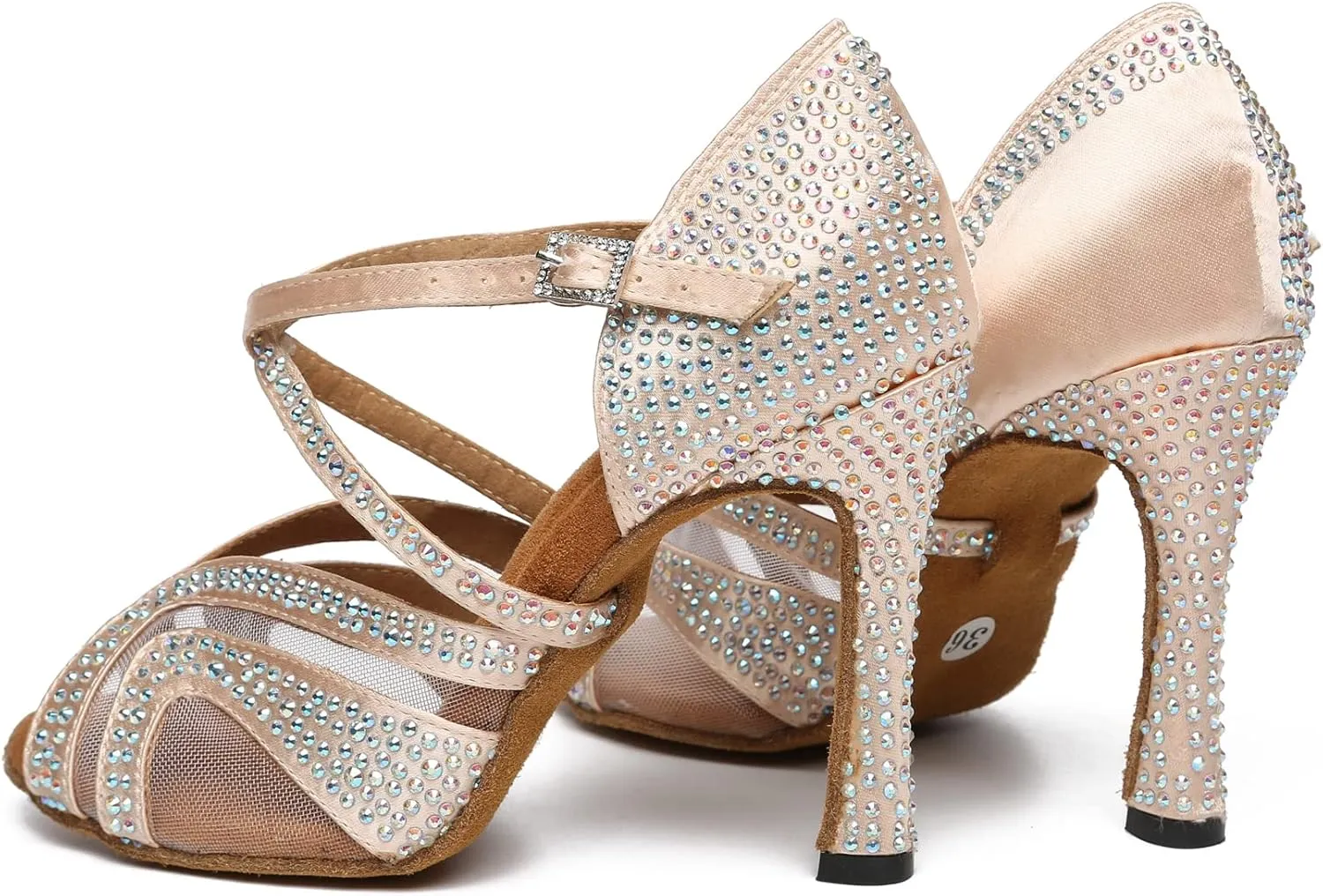 Womens Professional Dancing Shoes with Rhinestones Mesh Elegant Wedding Formal Sandals