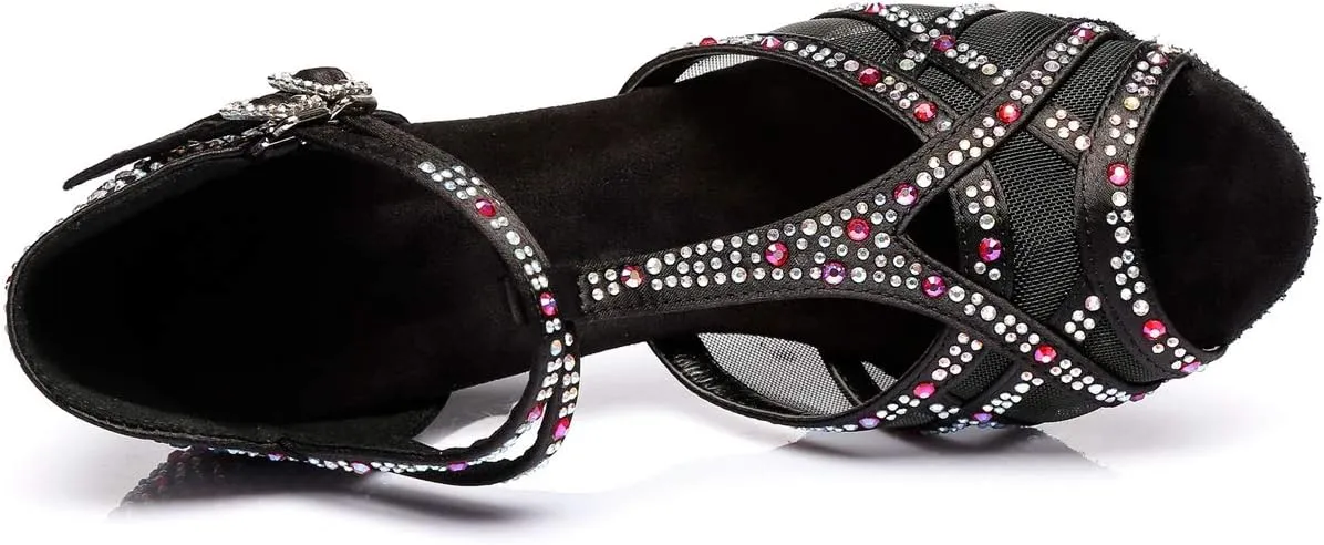 Womens Professional Dancing Shoes with Rhinestones Mesh Elegant Wedding Formal Sandals