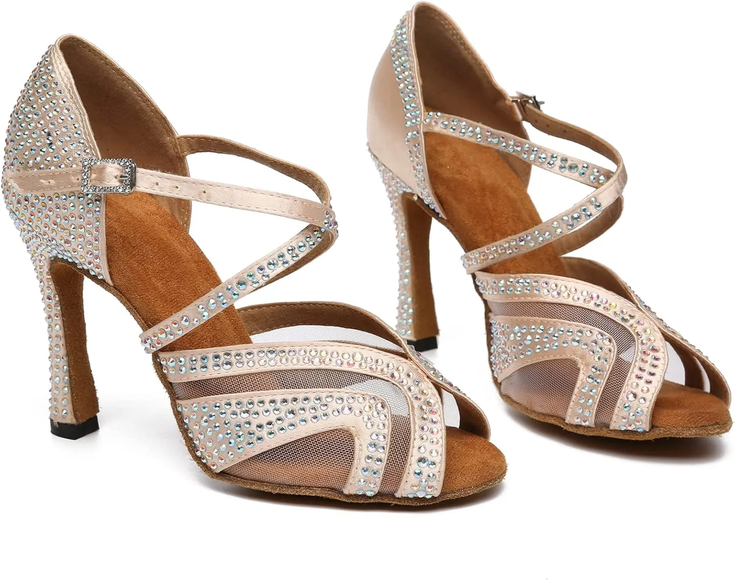 Womens Professional Dancing Shoes with Rhinestones Mesh Elegant Wedding Formal Sandals