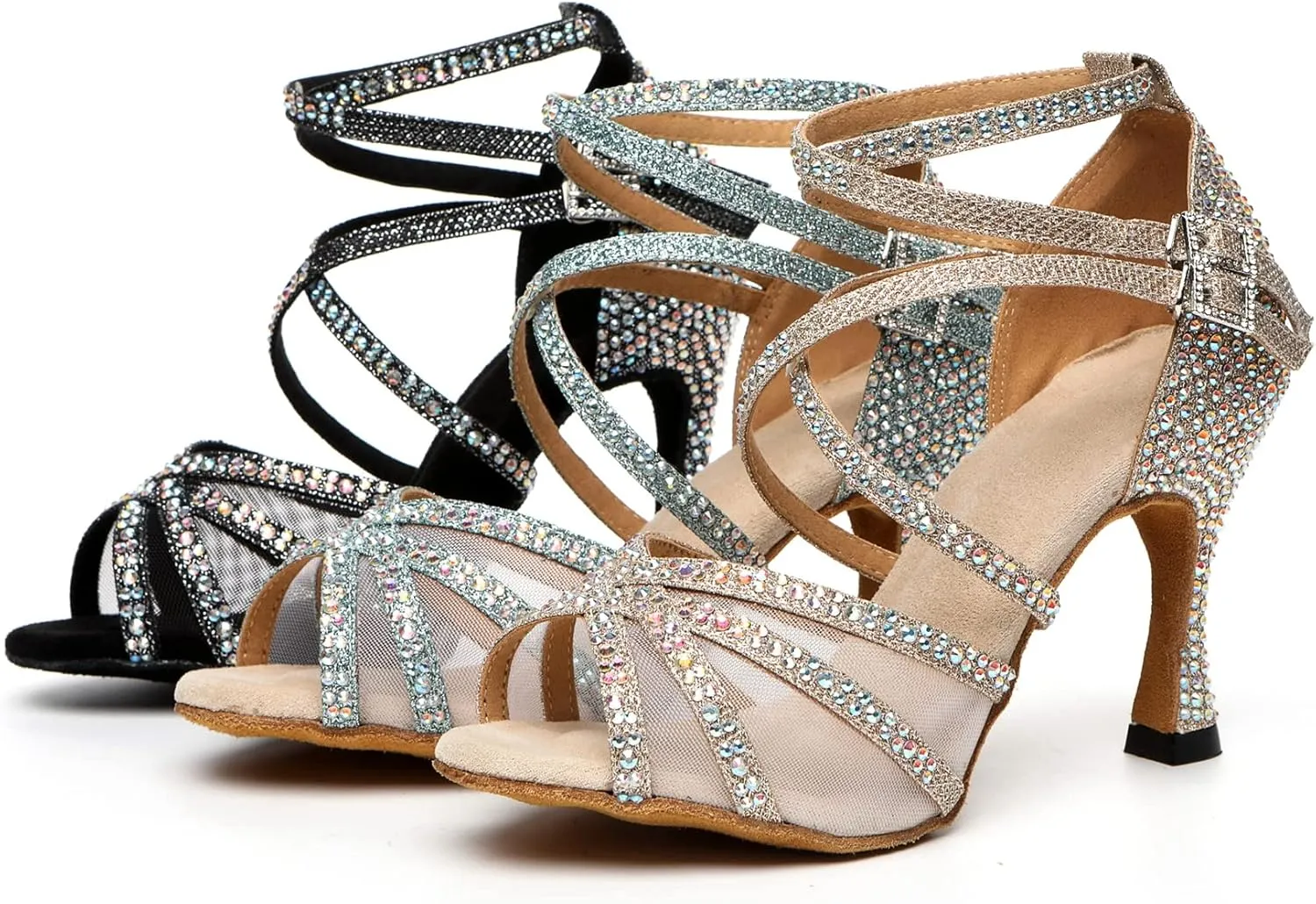 Womens Professional Dancing Shoes with Rhinestones Mesh Elegant Wedding Formal Sandals