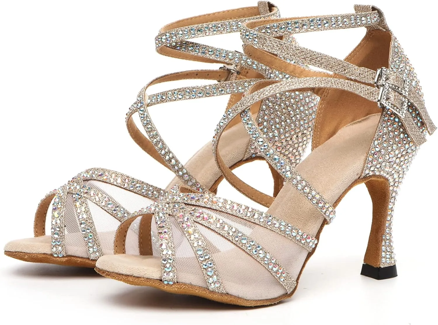 Womens Professional Dancing Shoes with Rhinestones Mesh Elegant Wedding Formal Sandals