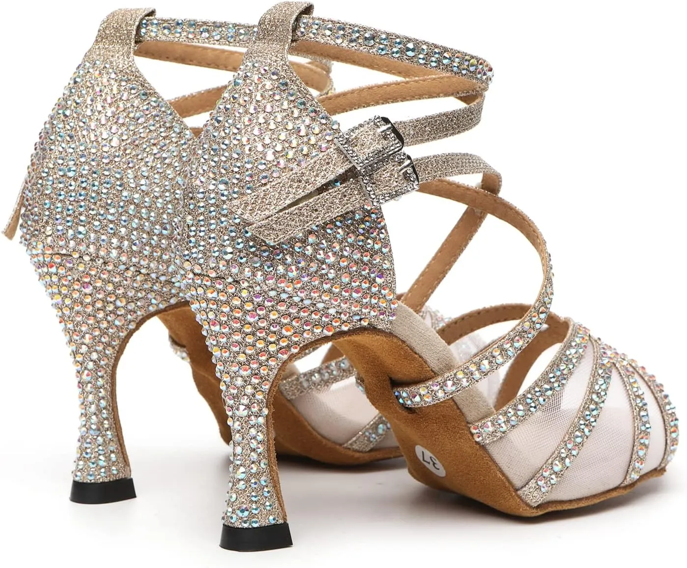 Womens Professional Dancing Shoes with Rhinestones Mesh Elegant Wedding Formal Sandals