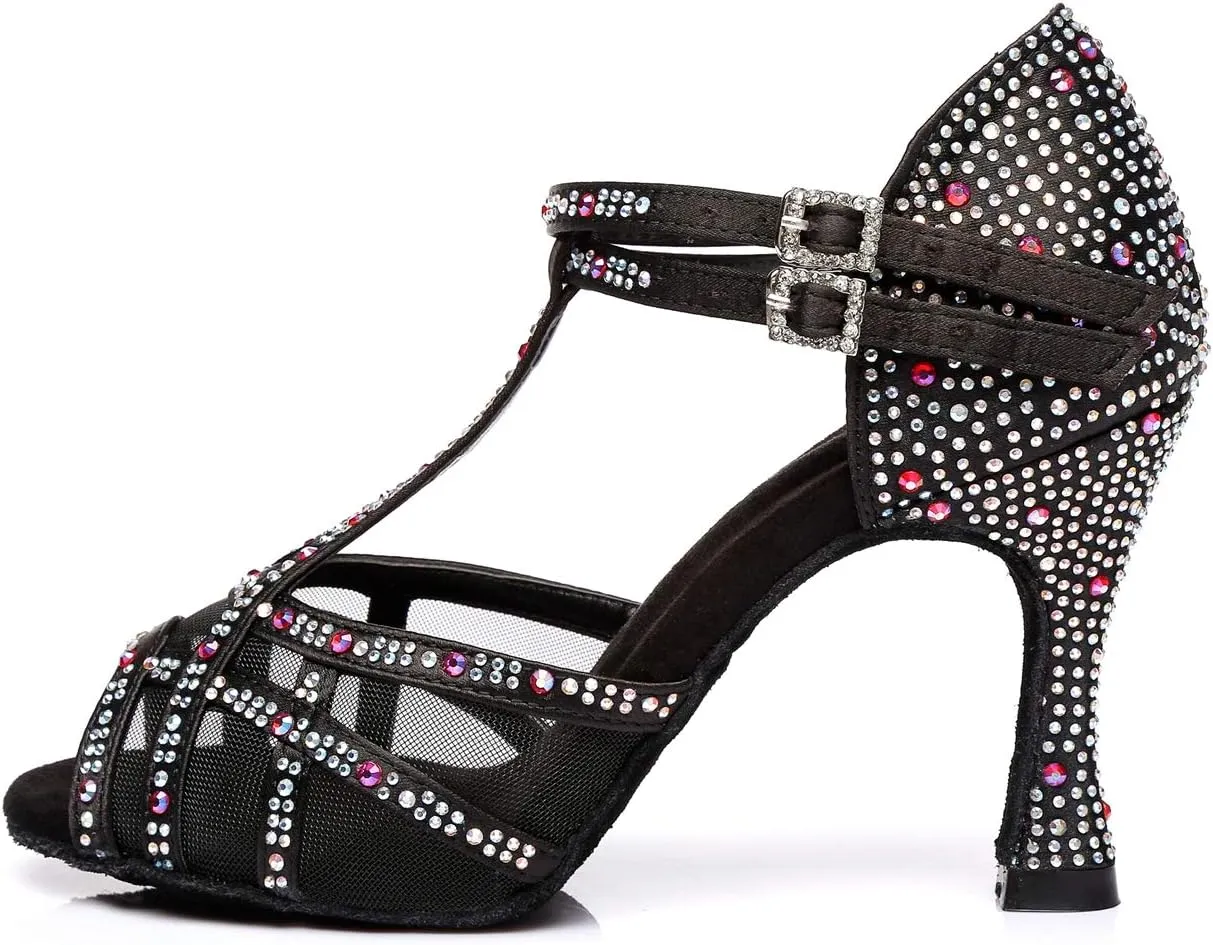 Womens Professional Dancing Shoes with Rhinestones Mesh Elegant Wedding Formal Sandals