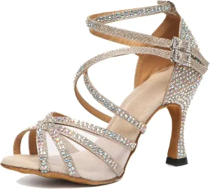 Womens Professional Dancing Shoes with Rhinestones Mesh Elegant Wedding Formal Sandals