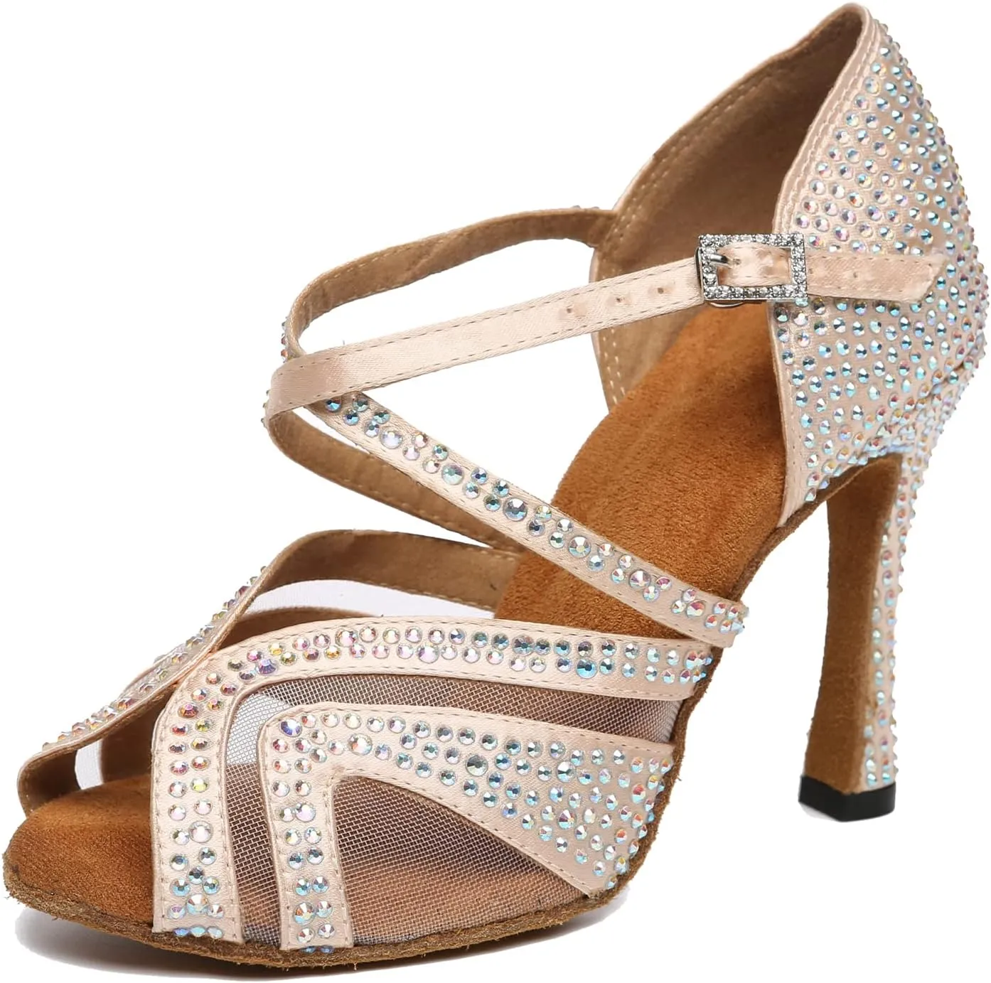 Womens Professional Dancing Shoes with Rhinestones Mesh Elegant Wedding Formal Sandals