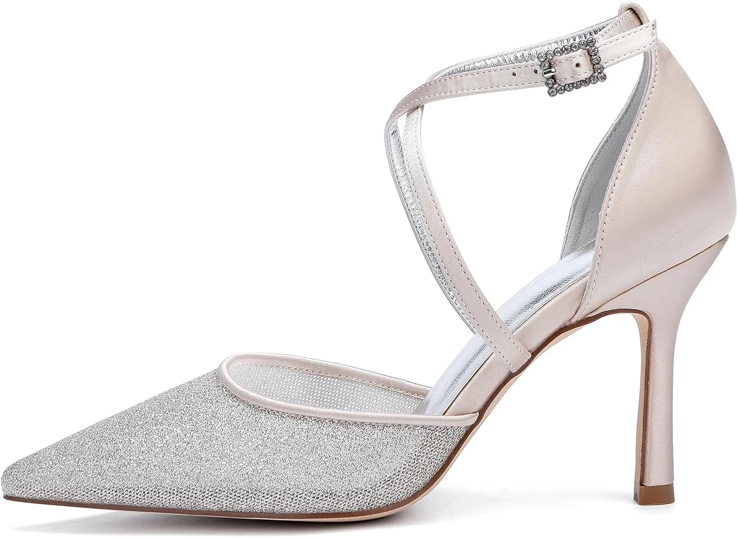 Womens Pumps for Bride Shoes Stiletto High Heels Closed Toe Pointed Toe Wedding Shoes Satin Sandals Ankle Strap Evening Dress