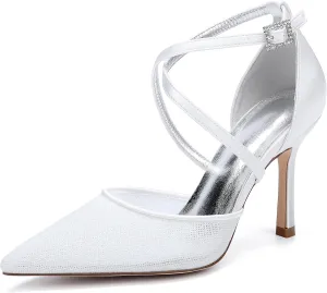Womens Pumps for Bride Shoes Stiletto High Heels Closed Toe Pointed Toe Wedding Shoes Satin Sandals Ankle Strap Evening Dress