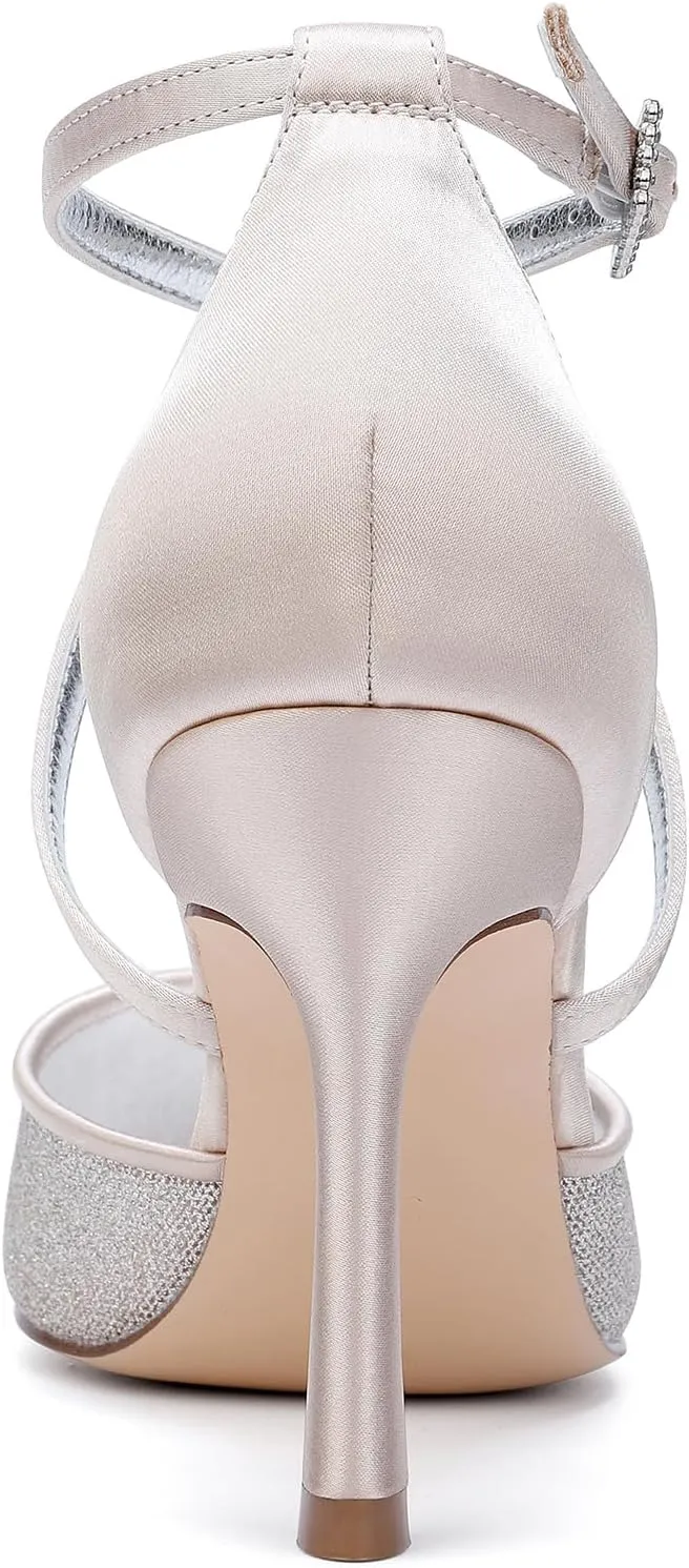 Womens Pumps for Bride Shoes Stiletto High Heels Closed Toe Pointed Toe Wedding Shoes Satin Sandals Ankle Strap Evening Dress