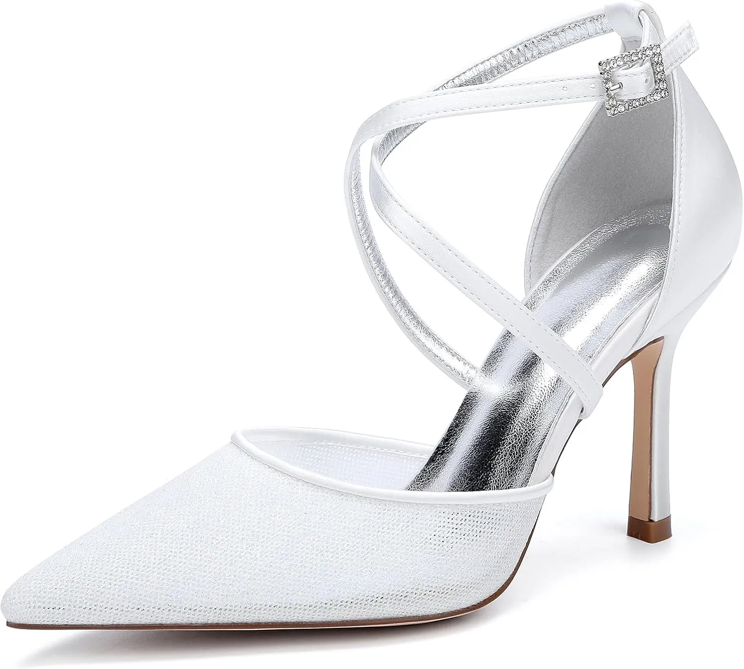 Womens Pumps for Bride Shoes Stiletto High Heels Closed Toe Pointed Toe Wedding Shoes Satin Sandals Ankle Strap Evening Dress
