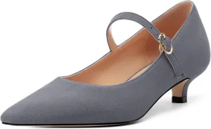 Women's Pumps Low Kitten Heel Mary Janes Closed Suede Pointed Toe Dress Shoes for Women Party Wedding Office 1.4 Inch