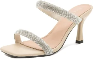 Women's Rhinestone Heeled Sandals Square Open Toe Strappy Two Strap Mule Sandals Slip On Holiday Party Wedding Dress Shoes
