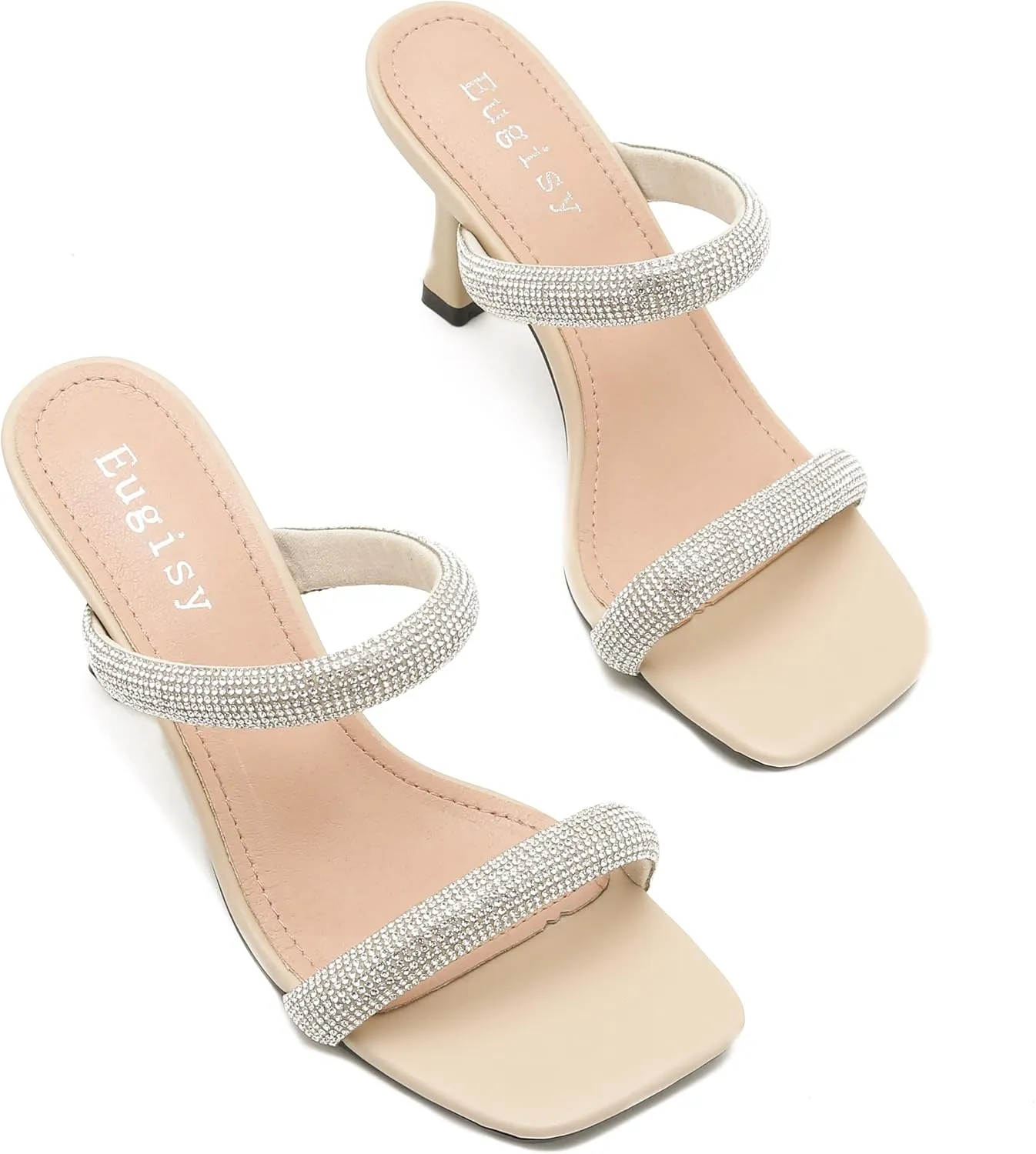 Women's Rhinestone Heeled Sandals Square Open Toe Strappy Two Strap Mule Sandals Slip On Holiday Party Wedding Dress Shoes