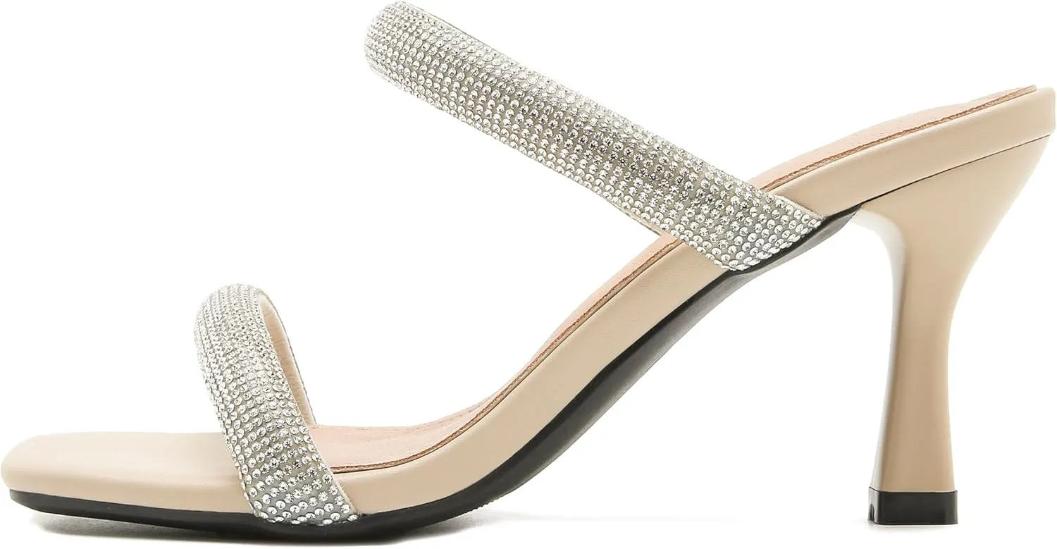 Women's Rhinestone Heeled Sandals Square Open Toe Strappy Two Strap Mule Sandals Slip On Holiday Party Wedding Dress Shoes
