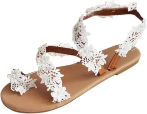 Women's Sandals White Summer Bohemian Flat Sandal Lace Flower Beach Flip Flops Elegant Bridal Wedding Strappy Sandals