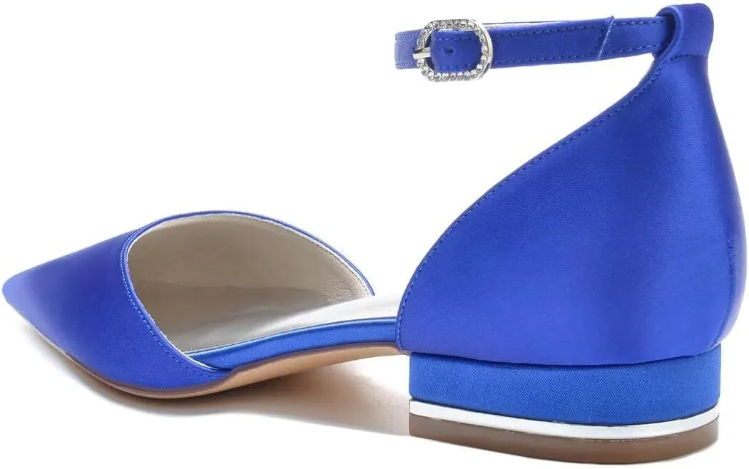 Women's Satin Bridal Flats Ankle Strap Wedding Shoes Pointed Toe Elegant Flats for Bride & Bridesmaid