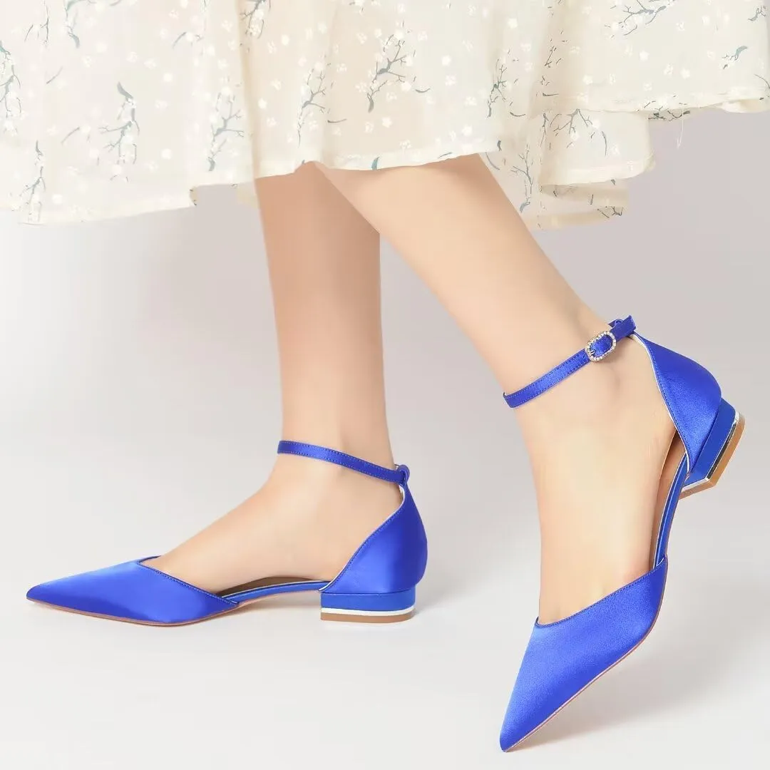 Women's Satin Bridal Flats Ankle Strap Wedding Shoes Pointed Toe Elegant Flats for Bride & Bridesmaid