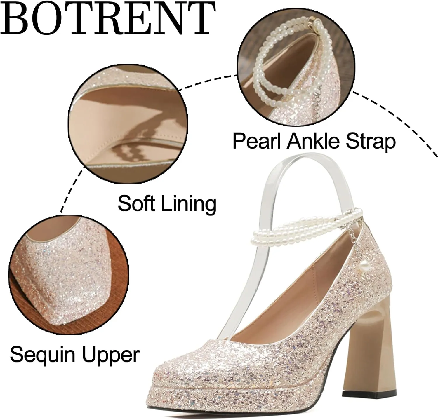 Women's Shiny Sequin Platform Chunky Heel Pumps Fashion Pearl Ankle Strap Square Closed Toe High Heel Dress Shoes for Wedding Evening Dating