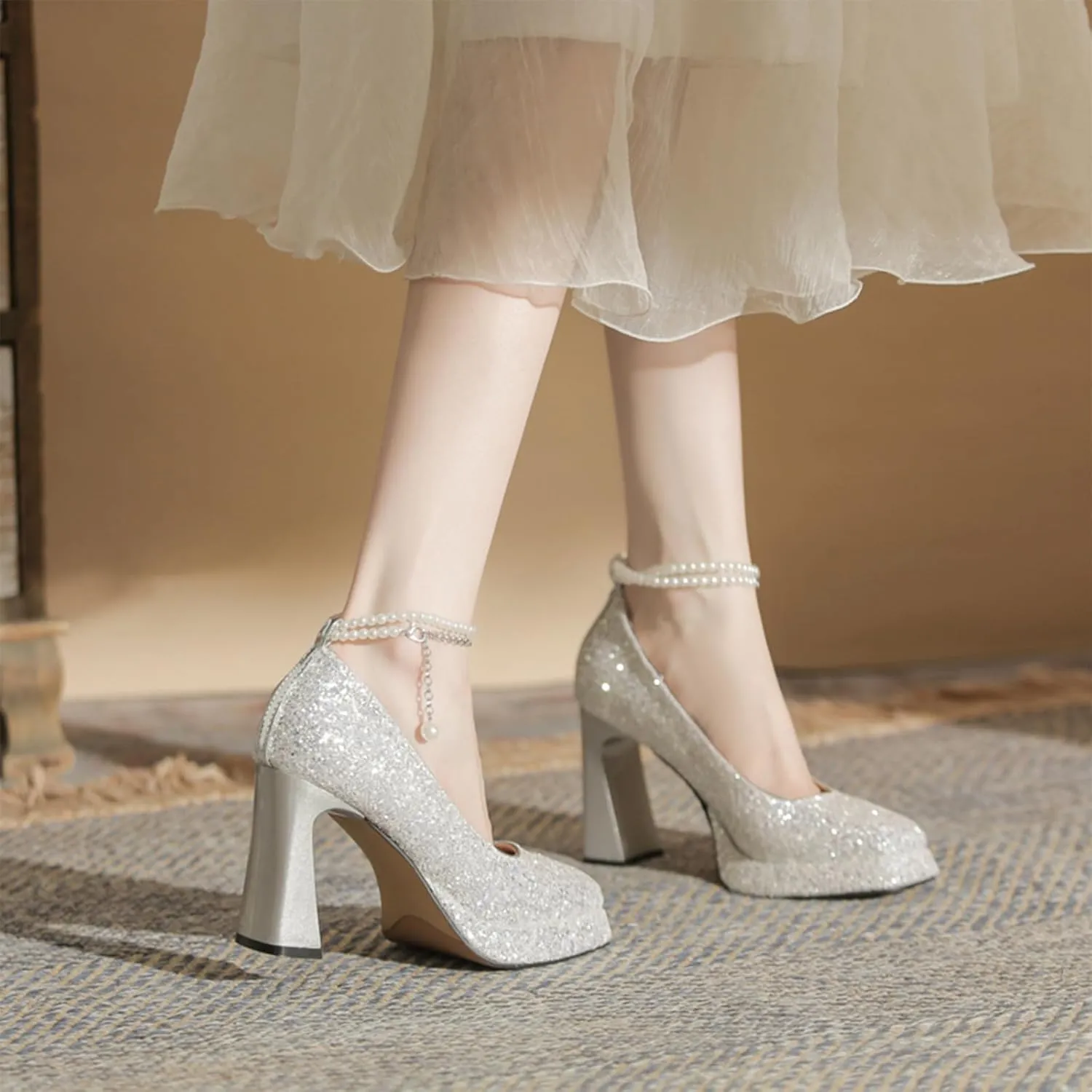 Women's Shiny Sequin Platform Chunky Heel Pumps Fashion Pearl Ankle Strap Square Closed Toe High Heel Dress Shoes for Wedding Evening Dating