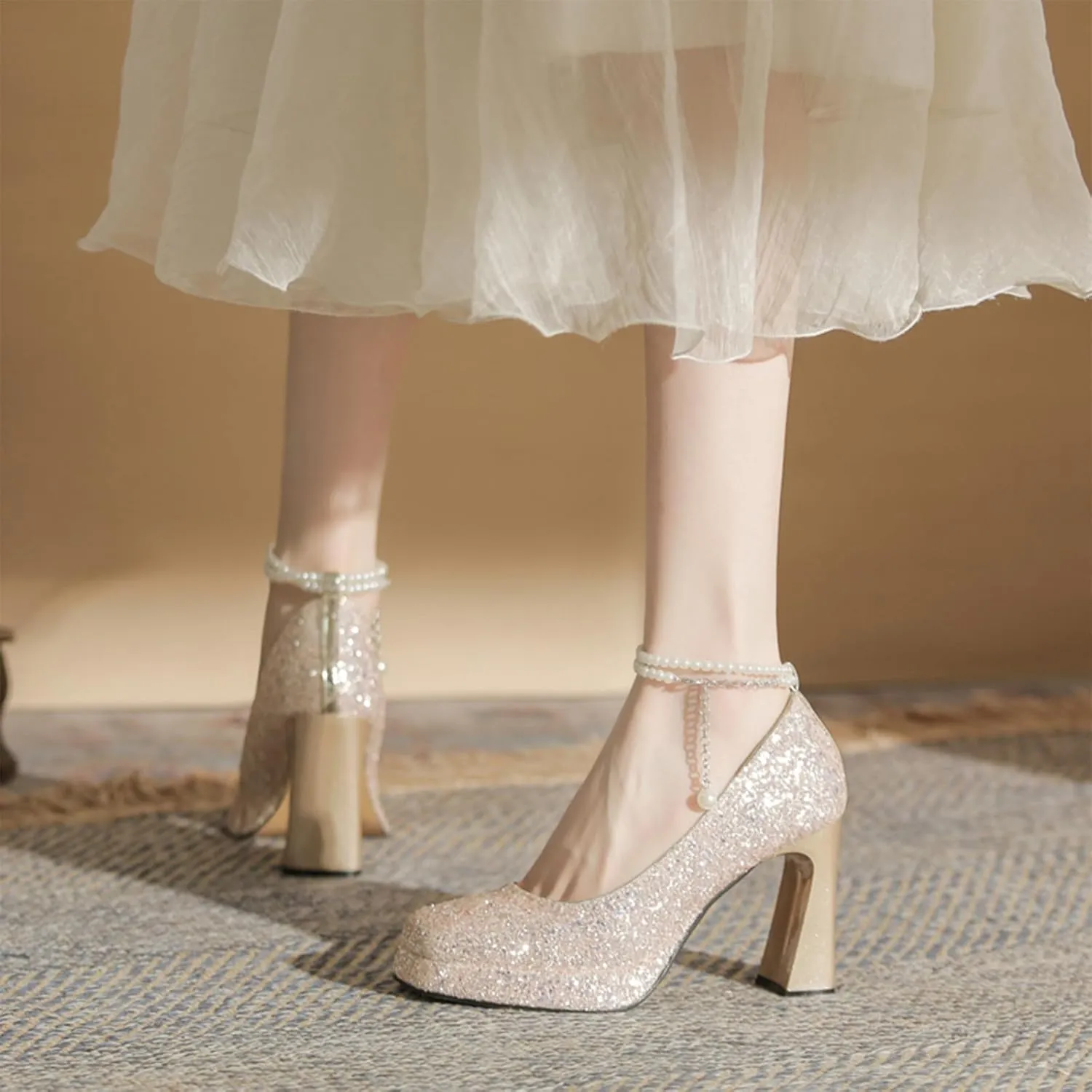 Women's Shiny Sequin Platform Chunky Heel Pumps Fashion Pearl Ankle Strap Square Closed Toe High Heel Dress Shoes for Wedding Evening Dating