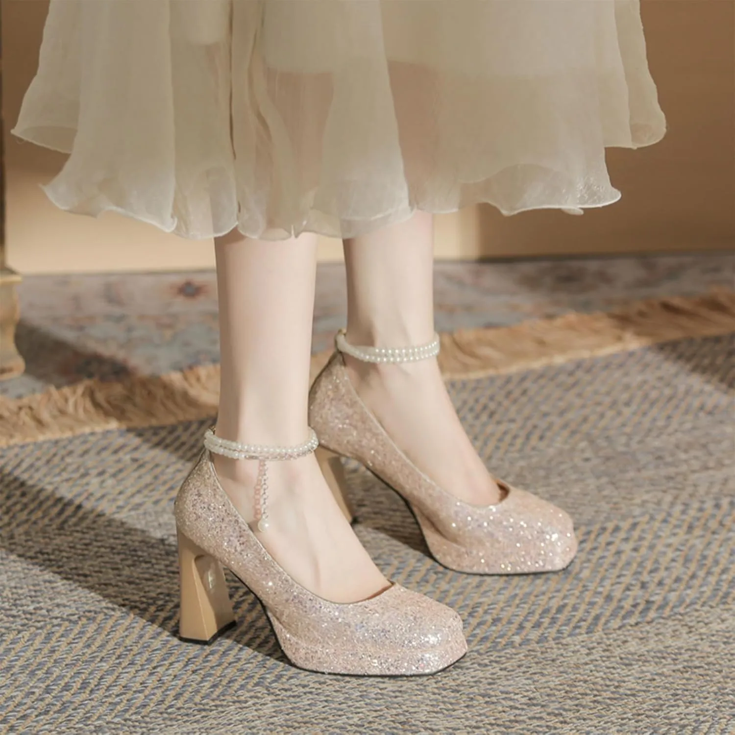 Women's Shiny Sequin Platform Chunky Heel Pumps Fashion Pearl Ankle Strap Square Closed Toe High Heel Dress Shoes for Wedding Evening Dating