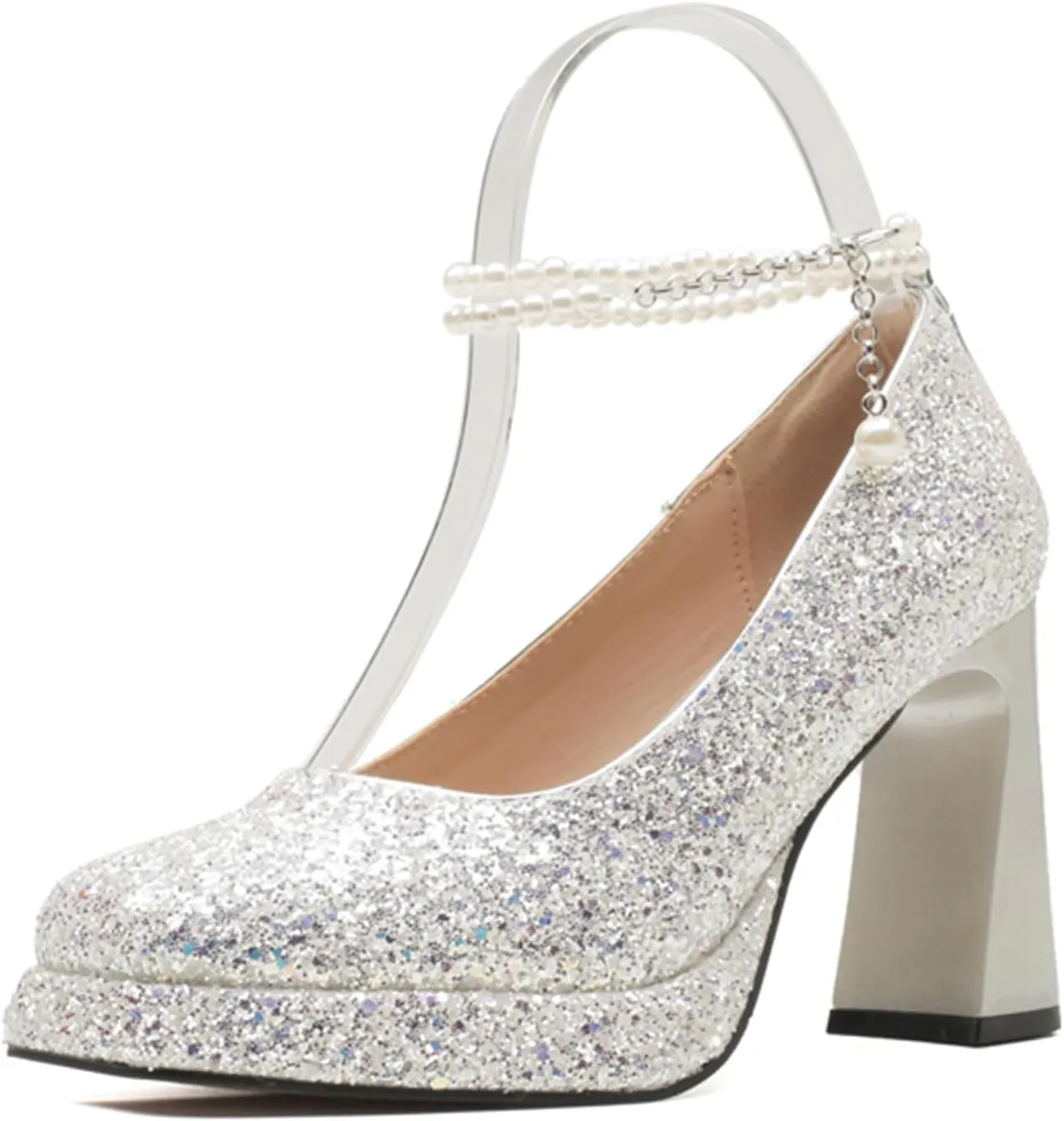Women's Shiny Sequin Platform Chunky Heel Pumps Fashion Pearl Ankle Strap Square Closed Toe High Heel Dress Shoes for Wedding Evening Dating