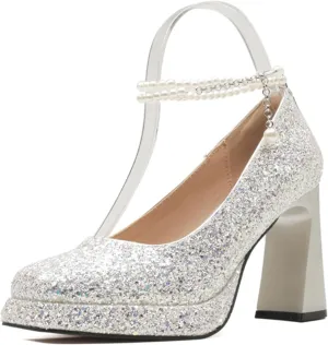 Women's Shiny Sequin Platform Chunky Heel Pumps Fashion Pearl Ankle Strap Square Closed Toe High Heel Dress Shoes for Wedding Evening Dating