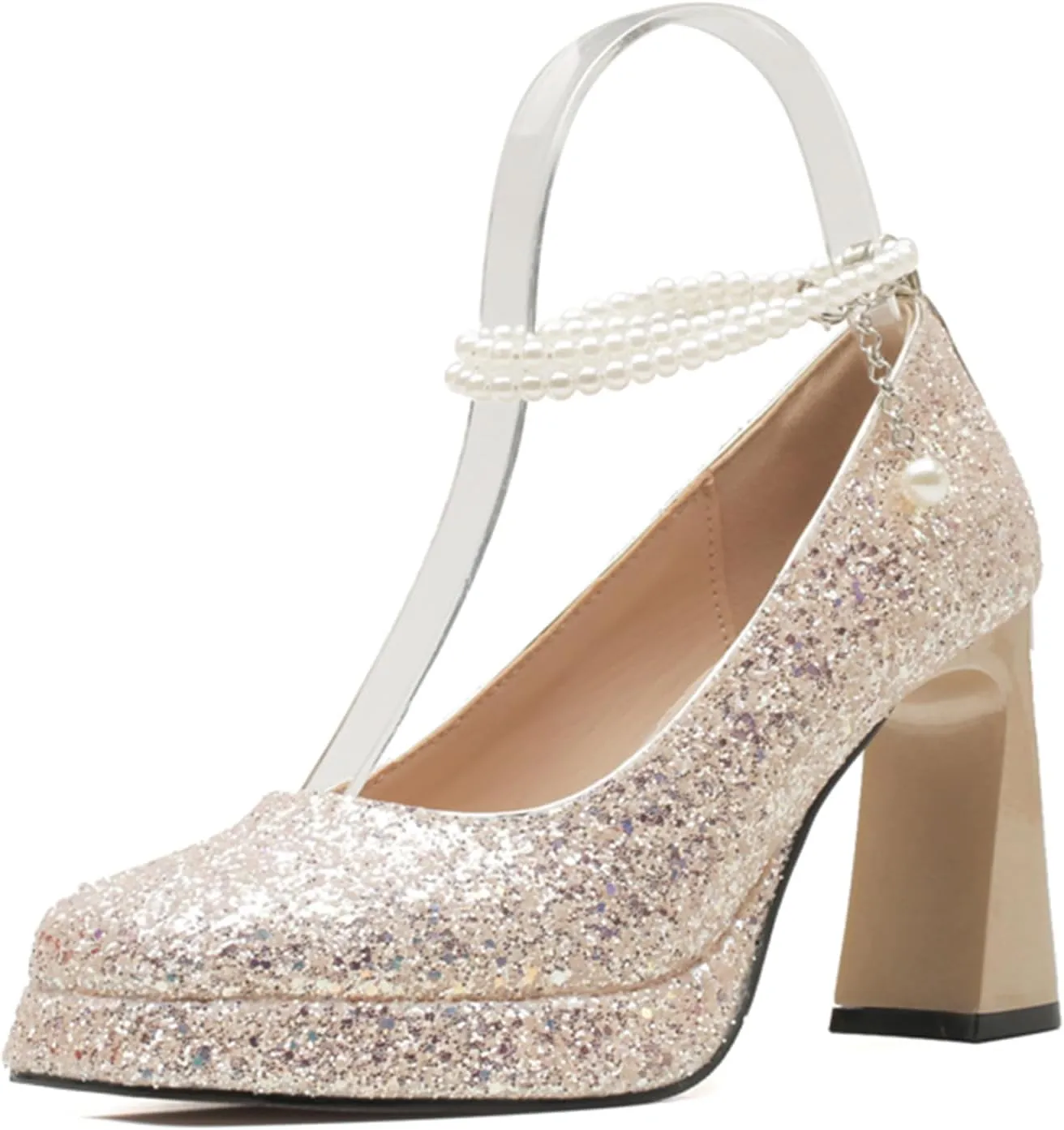 Women's Shiny Sequin Platform Chunky Heel Pumps Fashion Pearl Ankle Strap Square Closed Toe High Heel Dress Shoes for Wedding Evening Dating