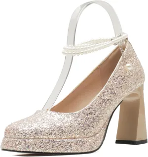 Women's Shiny Sequin Platform Chunky Heel Pumps Fashion Pearl Ankle Strap Square Closed Toe High Heel Dress Shoes for Wedding Evening Dating
