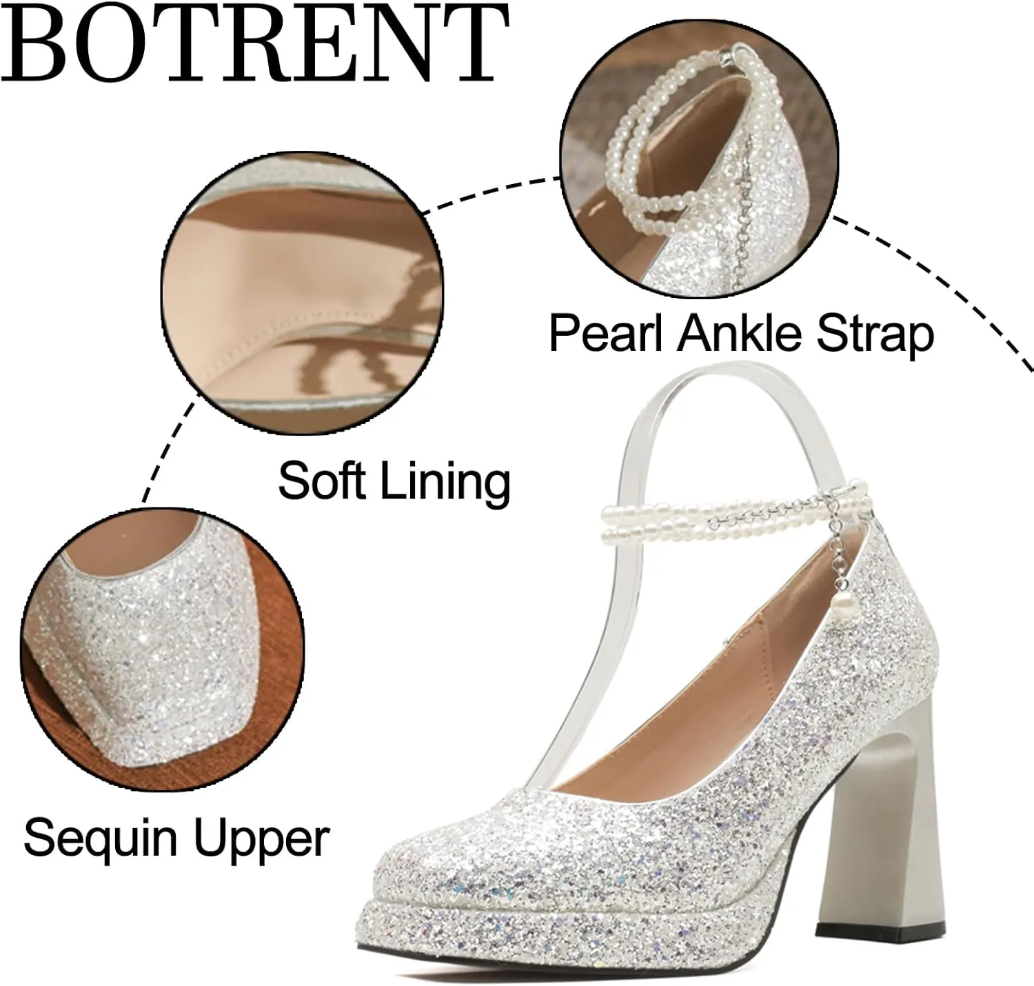 Women's Shiny Sequin Platform Chunky Heel Pumps Fashion Pearl Ankle Strap Square Closed Toe High Heel Dress Shoes for Wedding Evening Dating