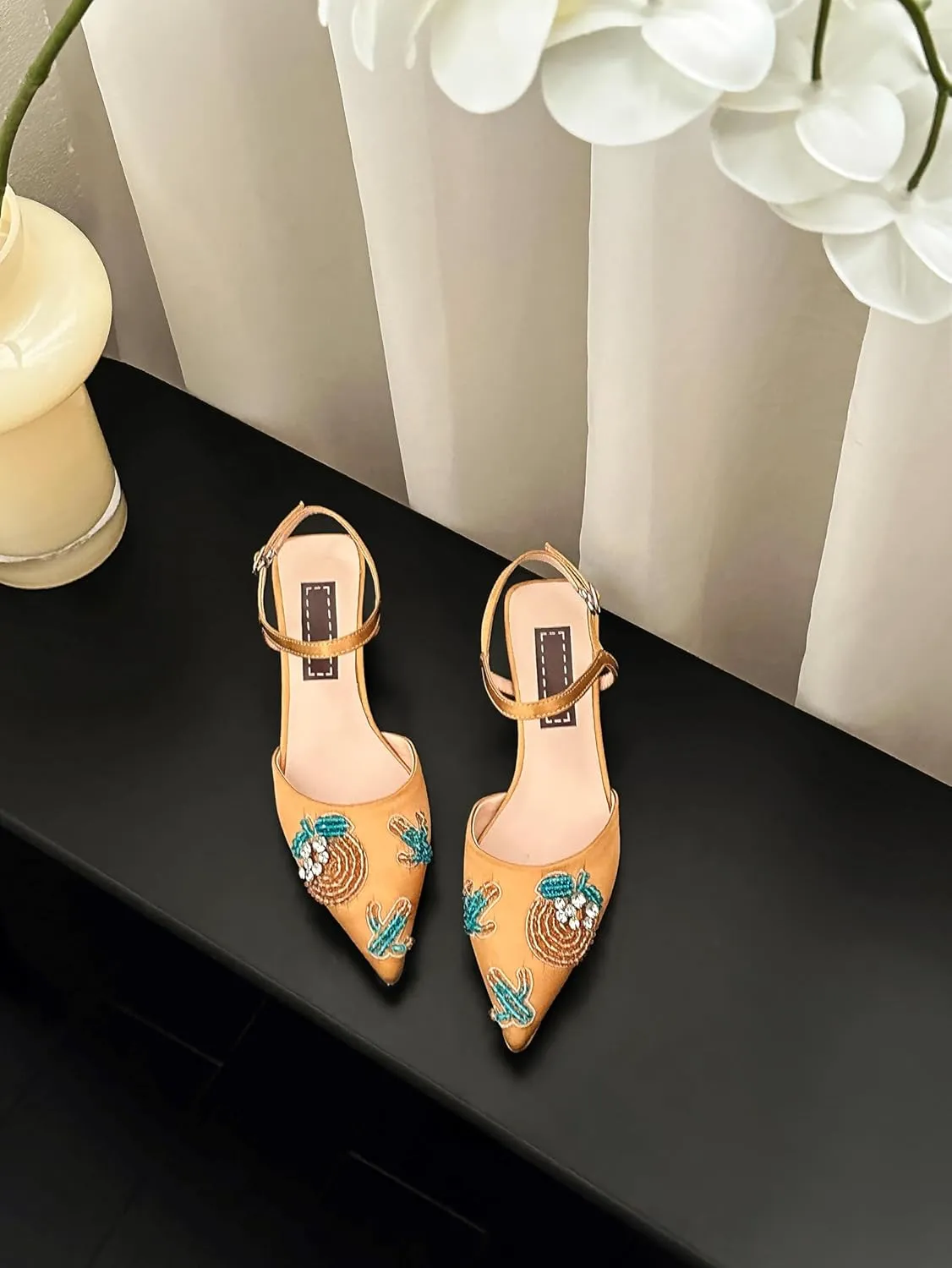 Women’s Silk Pointed-Toe Sandals 1.8Inch Stiletto Heels Handmade Embroidery Elegant Stylish