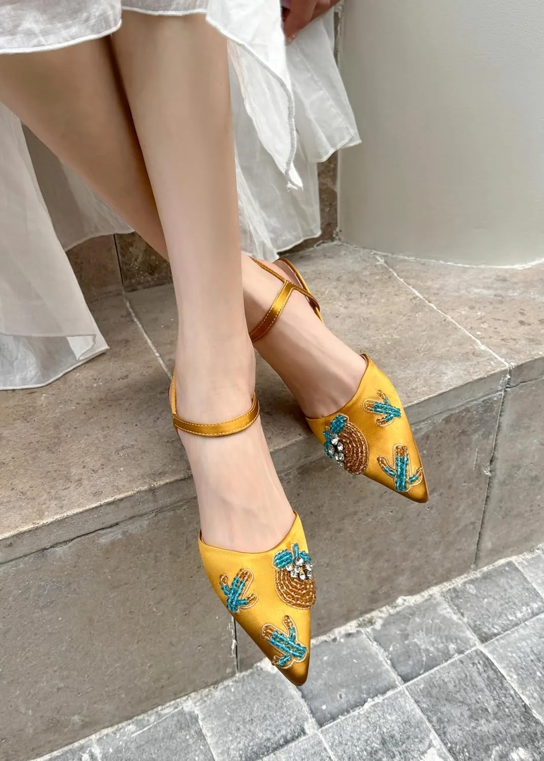 Women’s Silk Pointed-Toe Sandals 1.8Inch Stiletto Heels Handmade Embroidery Elegant Stylish