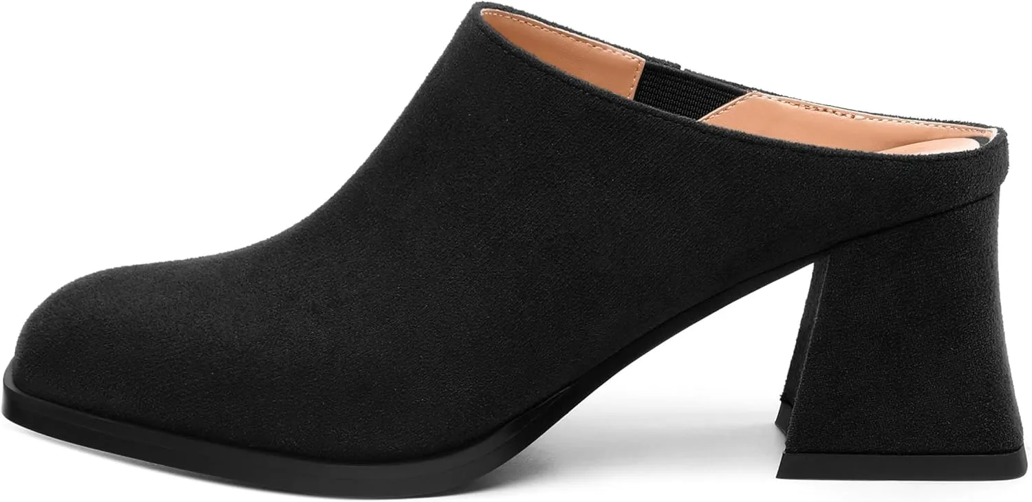 Women's Slide Sandals, Square Closed Toe Chunky Heeled Sandals, Comfort Slip On Fashion Solid Suede Mules Sandals for Women