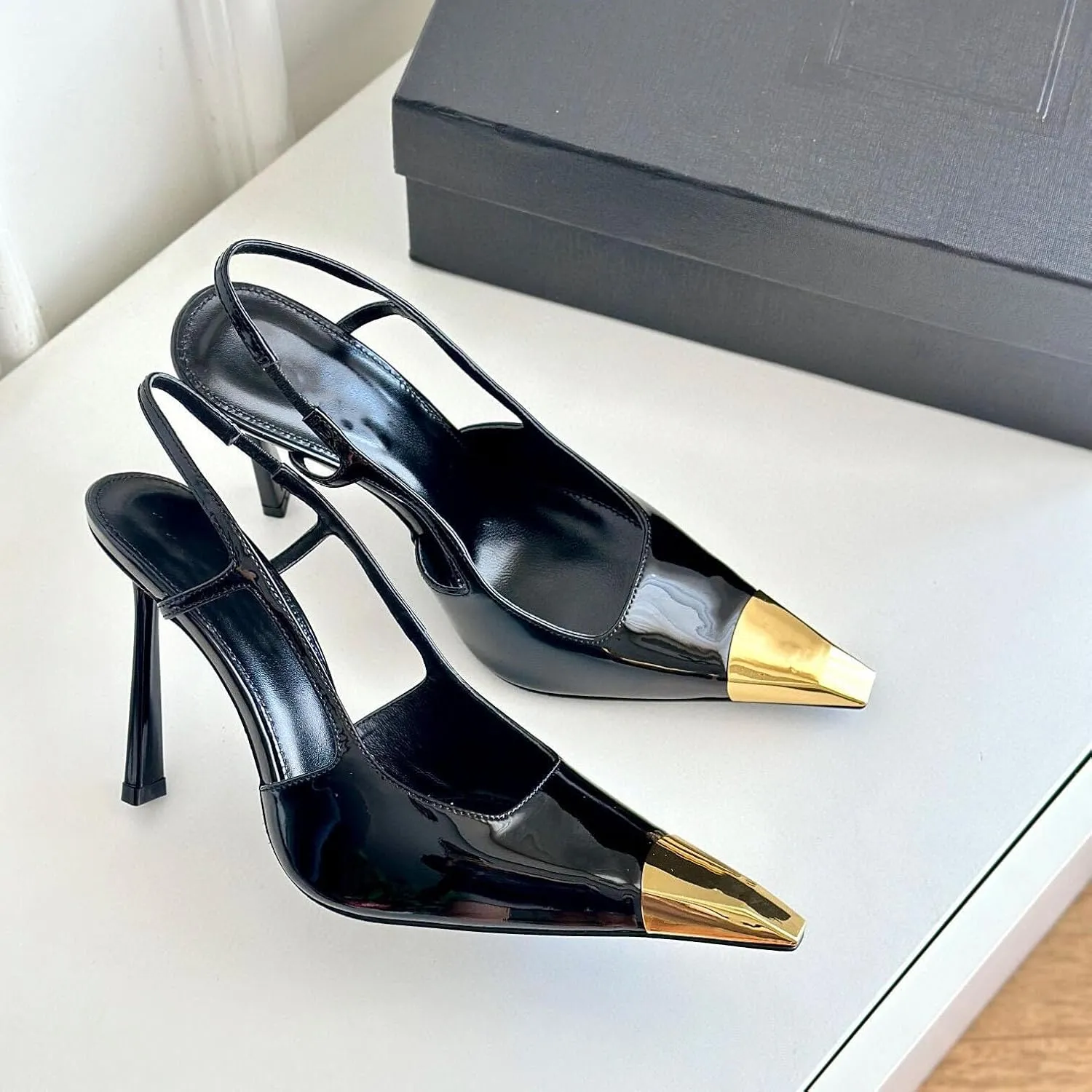 Womens Slingback High Heels Sexy, Metal Pointed Toe Pumps Stiletto Heels, Slip-on Elastic Strap Dress Shoes with Steal Cap Toe