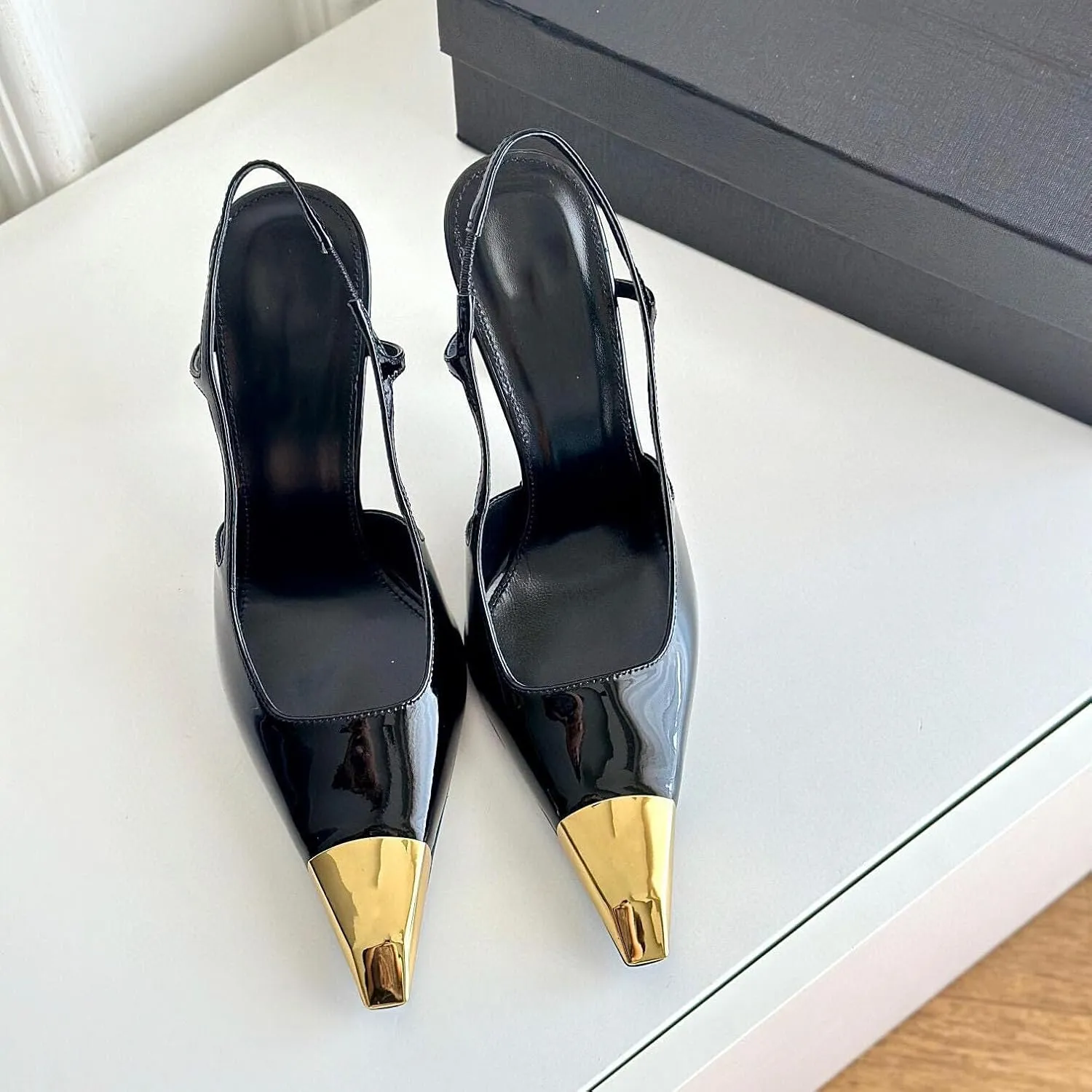 Womens Slingback High Heels Sexy, Metal Pointed Toe Pumps Stiletto Heels, Slip-on Elastic Strap Dress Shoes with Steal Cap Toe