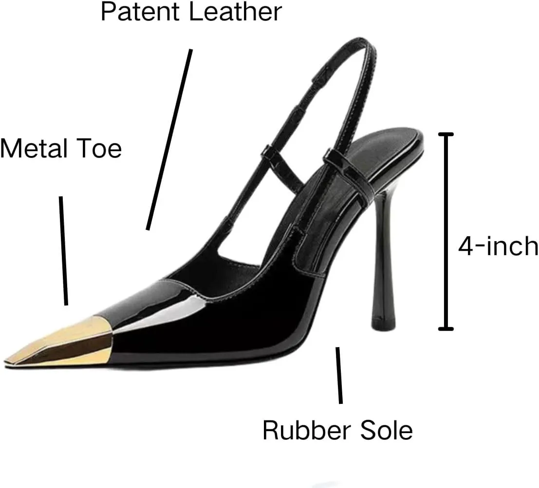 Womens Slingback High Heels Sexy, Metal Pointed Toe Pumps Stiletto Heels, Slip-on Elastic Strap Dress Shoes with Steal Cap Toe