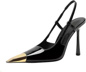 Womens Slingback High Heels Sexy, Metal Pointed Toe Pumps Stiletto Heels, Slip-on Elastic Strap Dress Shoes with Steal Cap Toe