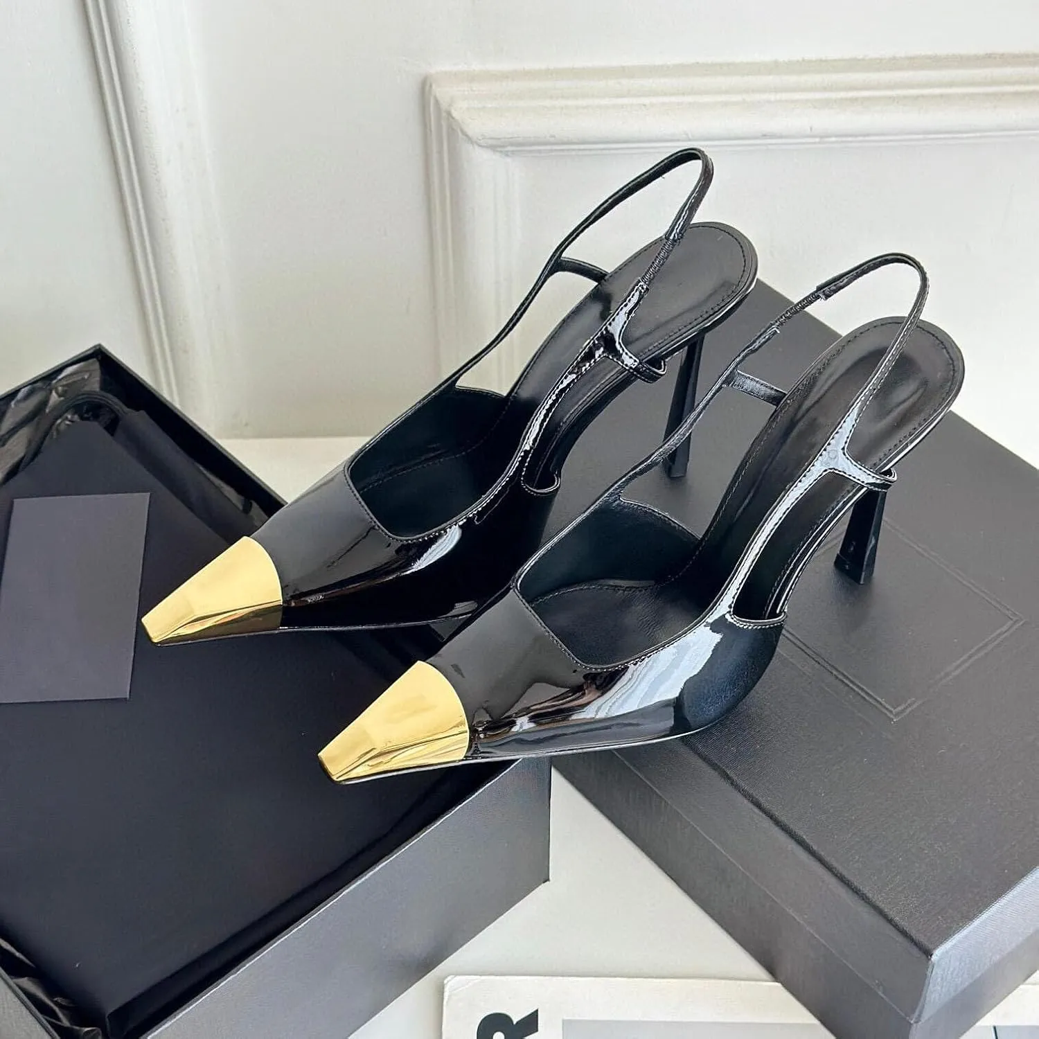 Womens Slingback High Heels Sexy, Metal Pointed Toe Pumps Stiletto Heels, Slip-on Elastic Strap Dress Shoes with Steal Cap Toe