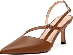 Women's Slingback Pumps, Pointed Toe Buckle Mid Heel, Fashion Solid Matte High Heel Shoes for Women