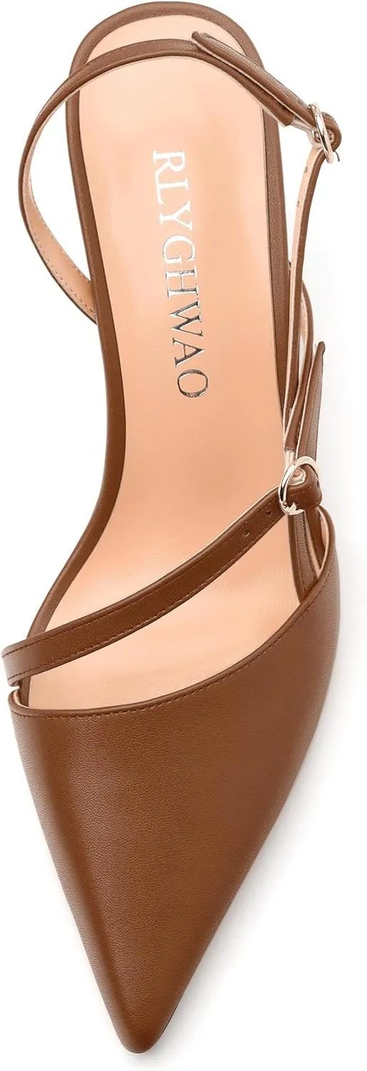 Women's Slingback Pumps, Pointed Toe Buckle Mid Heel, Fashion Solid Matte High Heel Shoes for Women