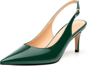 Women's Slingback Pumps, Pointed Toe Buckle Mid Stiletto Heel, Fashion Solid Patent High Heel Shoes for Women
