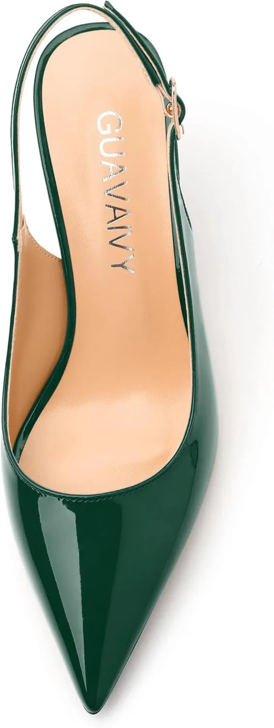 Women's Slingback Pumps, Pointed Toe Buckle Mid Stiletto Heel, Fashion Solid Patent High Heel Shoes for Women