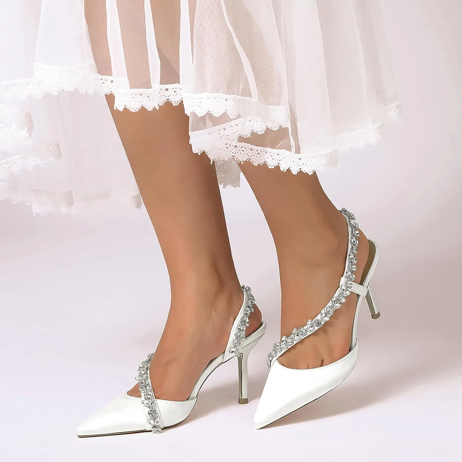 Women's Slingback Wedding Dress Shoes Slip-On High Heels Sandals Satin Pointed Toe Rhinestones S Strap Bridal Shoes
