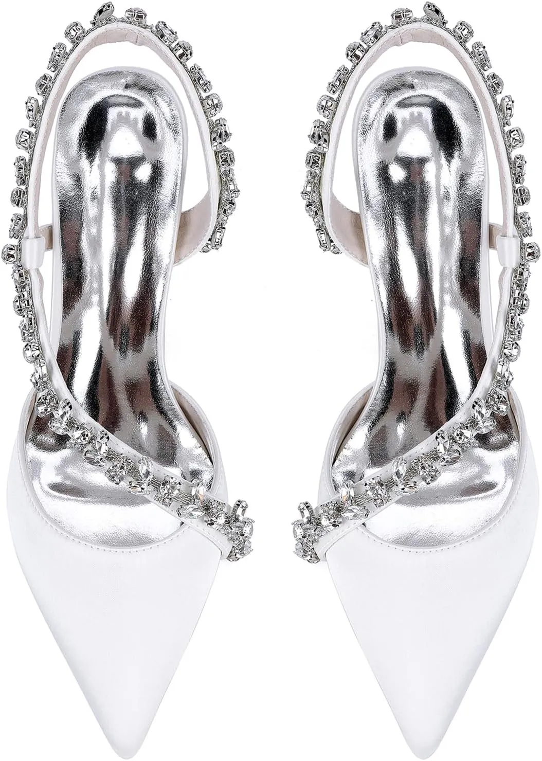 Women's Slingback Wedding Dress Shoes Slip-On High Heels Sandals Satin Pointed Toe Rhinestones S Strap Bridal Shoes