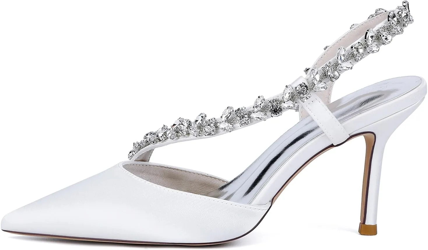 Women's Slingback Wedding Dress Shoes Slip-On High Heels Sandals Satin Pointed Toe Rhinestones S Strap Bridal Shoes