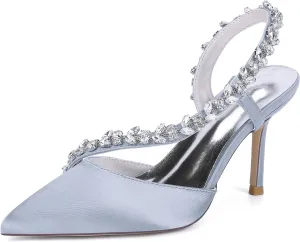 Women's Slingback Wedding Dress Shoes Slip-On High Heels Sandals Satin Pointed Toe Rhinestones S Strap Bridal Shoes